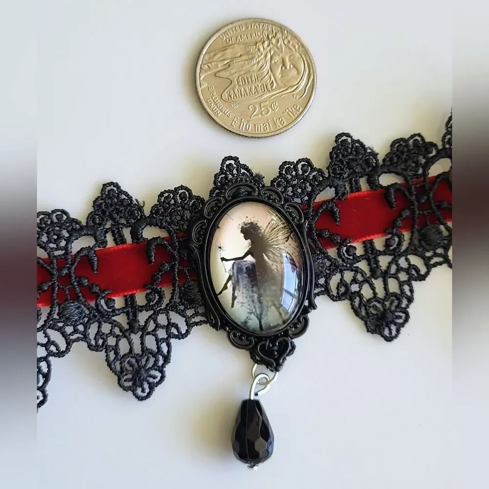 Gothic Fairy Cameo Lace Choker – Black Lace & Red Velvet Ribbon Necklace